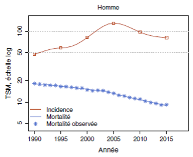 Taux d'incidence et de mortalité selon les années en France en 2015
